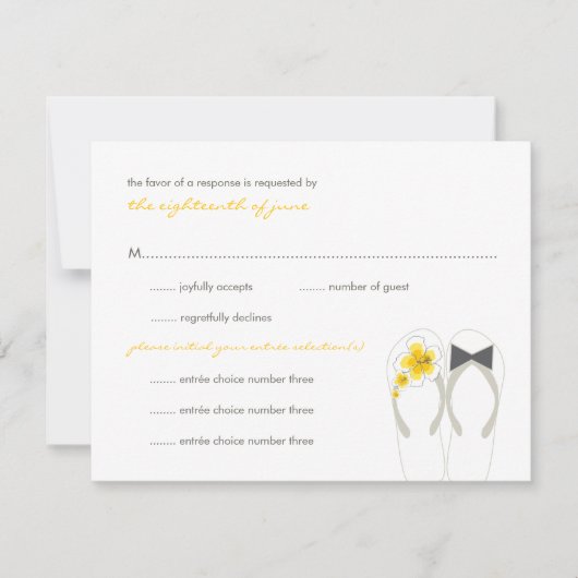 Mr & Mrs Yellow Teenslippers Beach bruiloft RSVP-k RSVP Kaartje (Voorkant)