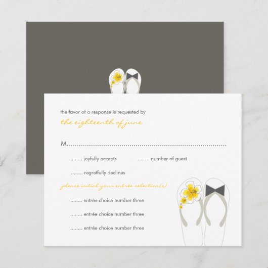 Mr & Mrs Yellow Teenslippers Beach bruiloft RSVP-k RSVP Kaartje (Voorkant / Achterkant)