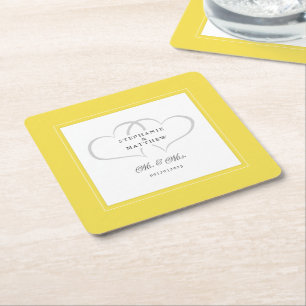 Mr & Mrs Yellow White Elegant Hearts Wedding Chic Kartonnen Onderzetters