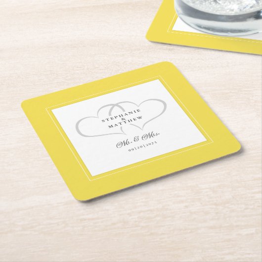 Mr & Mrs Yellow White Elegant Hearts Wedding Chic Kartonnen Onderzetters (Schuin)