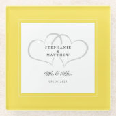 Mr & Mrs Yellow White Elegant Wedding Chic Hearts Glazen Onderzetter (Voorkant)