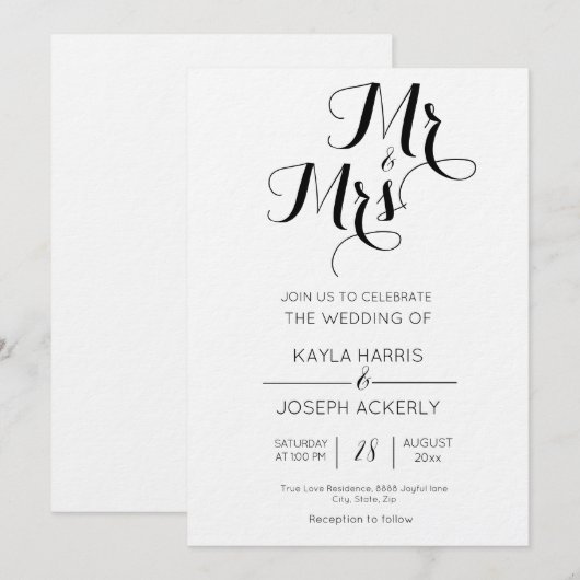 Mr & Mrs zwart-wit huwelijksuitnodigingskaart Feestdagenkaart (Voorkant / Achterkant)