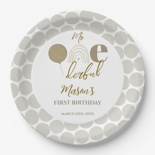 Mr One derful Neutral Rainbow First Birthday Papieren Bordje (Voorkant)