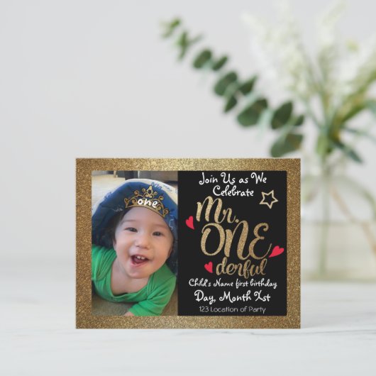 Mr. One-derful verjaardag uitnodigt Uitnodiging Briefkaart (Staand voorkant)