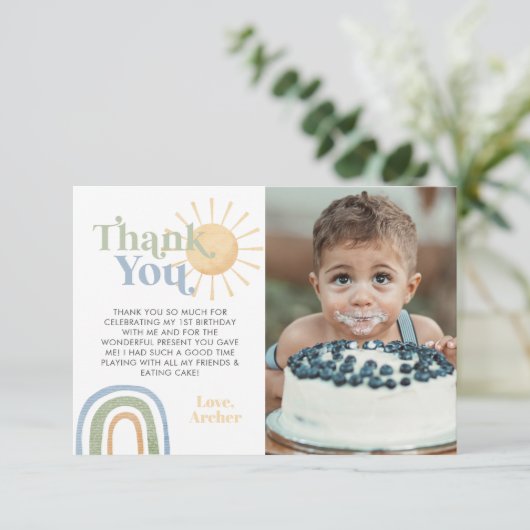 Mr. Onederful 1e verjaardag regenboog foto Bedankkaart (Staand voorkant)