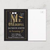 Mr. ONEderful 1st Birthday Save the Date Briefkaar Aankondigingskaart (Achterkant)