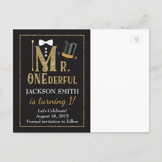 Mr. ONEderful 1st Birthday Save the Date Briefkaar Aankondigingskaart (Achterkant)