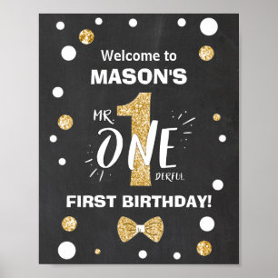 Mr Onederful Birthday Welcome Sign Boy Black Gold Poster