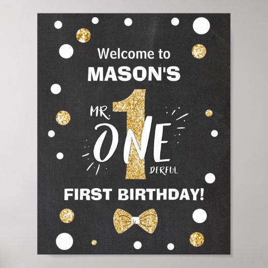 Mr Onederful Birthday Welcome Sign Boy Black Gold Poster (Voorkant)