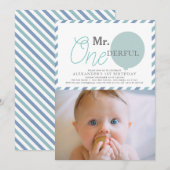 Mr ONEderful Blauwe Ballon Foto 1e Verjaardag Kaart (Voorkant / Achterkant)