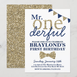 Mr Onederful Blauwe en Gouden Eerste Verjaardagsui Kaart