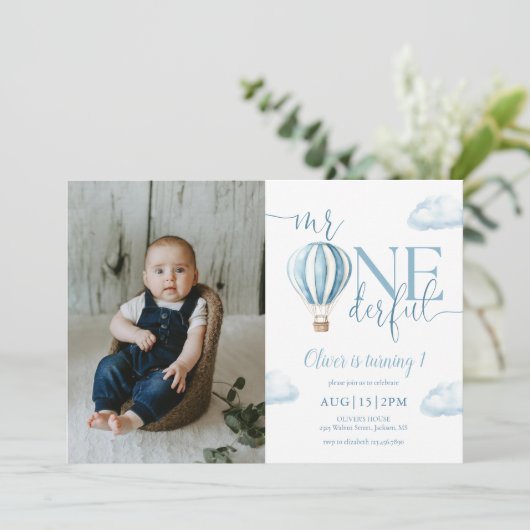 Mr Onederful Blue Balloon Boy Foto 1e verjaardag Kaart (Staand voorkant)