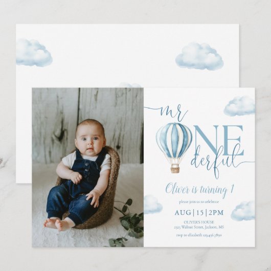 Mr Onederful Blue Balloon Boy Foto 1e verjaardag Kaart (Voorkant / Achterkant)