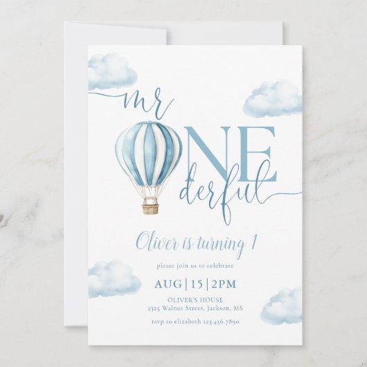 Mr. Onederful Blue Hot Air Balloon Boy 1e verjaard Kaart (Voorkant)