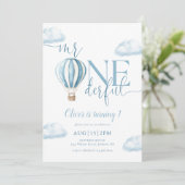 Mr. Onederful Blue Hot Air Balloon Boy 1e verjaard Kaart (Staand voorkant)