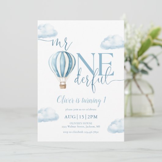 Mr. Onederful Blue Hot Air Balloon Boy 1e verjaard Kaart (Staand voorkant)