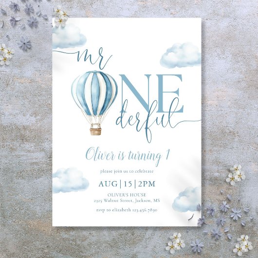 Mr. Onederful Blue Hot Air Balloon Boy 1e verjaard Kaart