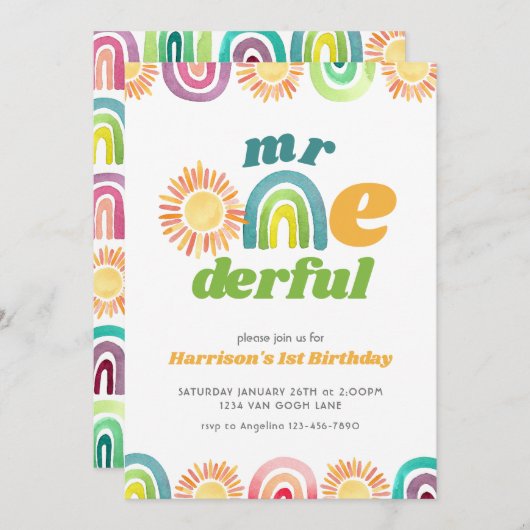 Mr ONEderful Boho Eerste Verjaardag Regenboog Kaart (Voorkant / Achterkant)