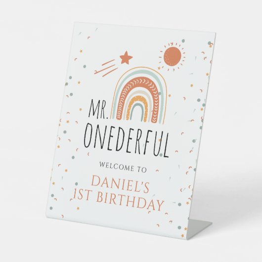 MR. Onederful Boho Rainbow 1st Birthday Welcom Sig Reclamebord Met Voetstuk (Voorkant)