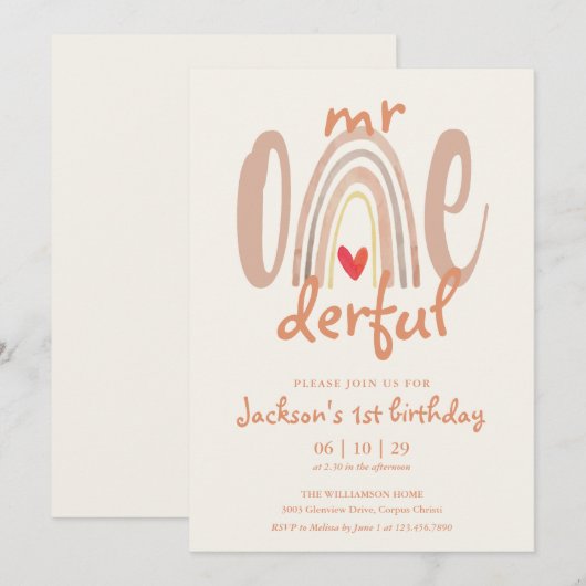 Mr Onederful Boho Rainbow Heart 1st Birthday Kaart (Voorkant / Achterkant)