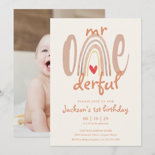 Mr Onederful Boho Rainbow Heart Photo 1st Birthday Kaart (Voorkant / Achterkant)