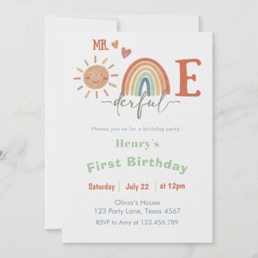 Mr ONEderful Boy 1st Verjaardag Uitnodiging (Voorkant)