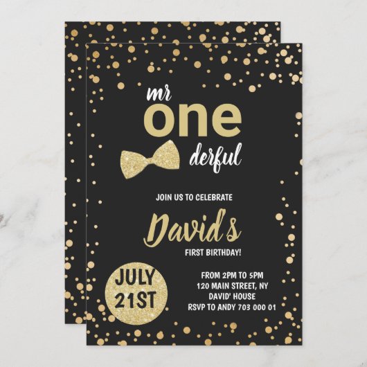 Mr Onederful Boy Eerste Verjaardag Zwart Goud Eleg Kaart (Voorkant / Achterkant)