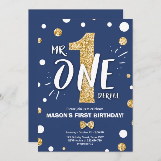 Mr Onederful Boy Royal Blue Gold 1e verjaardag Kaart (Voorkant / Achterkant)