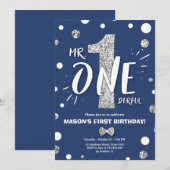 Mr Onederful Boy Royal Blue Silver 1e verjaardag Kaart (Voorkant / Achterkant)