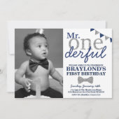 Mr Onederful Foto Uitnodiging, Blauw en Zilver Kaart (Voorkant)