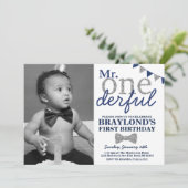 Mr Onederful Foto Uitnodiging, Blauw en Zilver Kaart (Staand voorkant)