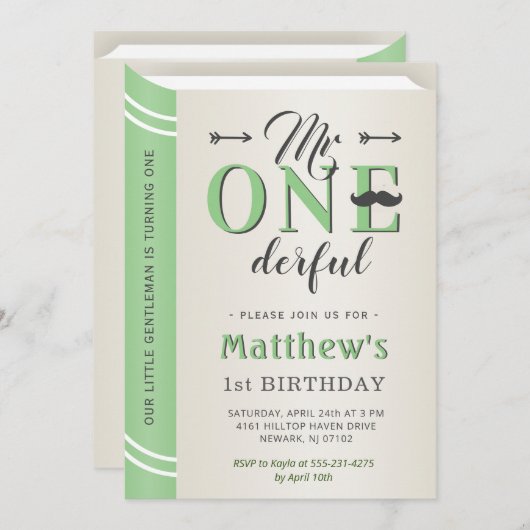 Mr Onederful Green Mustache 1e eerste verjaardag Kaart (Voorkant / Achterkant)