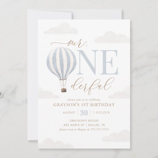 Mr. Onederful Hete Luchtballon 1e Verjaardag Kaart (Voorkant)