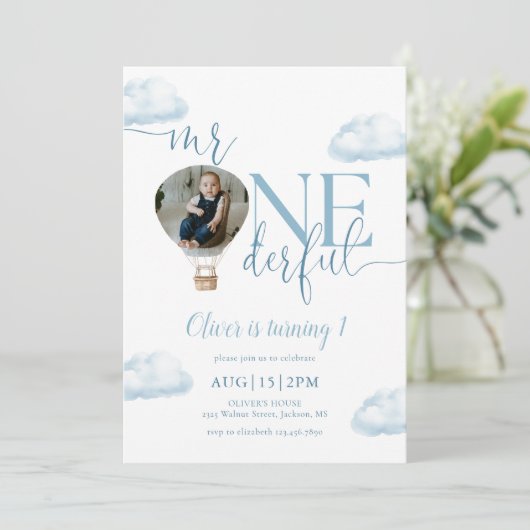 Mr. Onederful Photo Hot Air Balloon 1st Birthday Kaart (Staand voorkant)