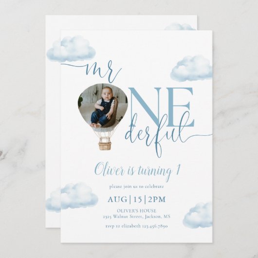 Mr. Onederful Photo Hot Air Balloon 1st Birthday Kaart (Voorkant / Achterkant)