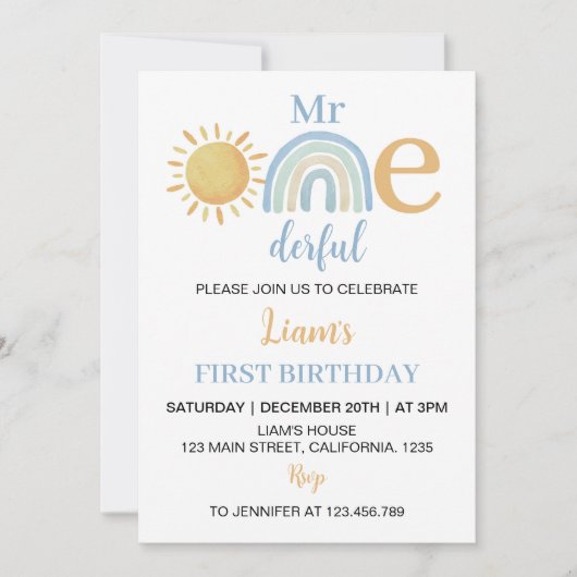 Mr Onederful Sunshine Rainbow Verjaardag uitnodigi Kaart (Voorkant)