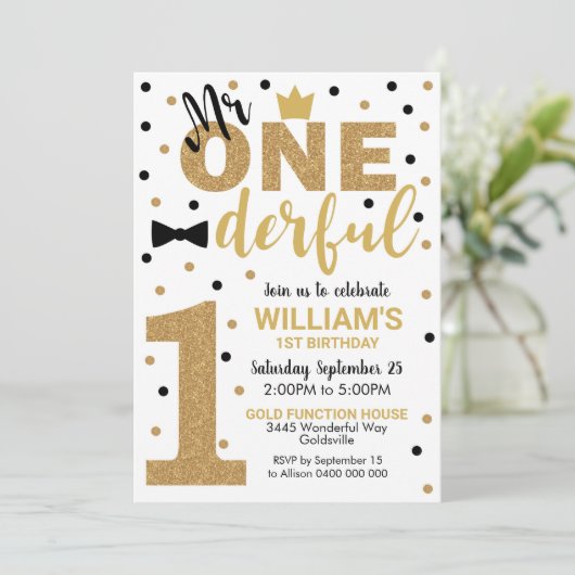 Mr. Onederful uitnodiging 1e verjaardag jongen (Staand voorkant)