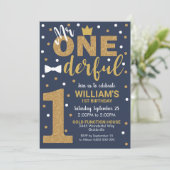 Mr. Onederful uitnodiging marine en goud (Staand voorkant)