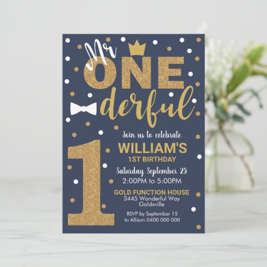 Mr. Onederful uitnodiging marine en goud (Staand voorkant)