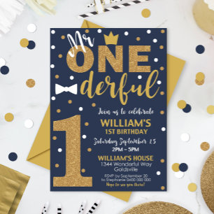 Mr. Onederful uitnodiging marine en goud