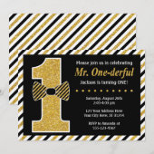 Mr ONEderful Verjaardag uitnodiging · Zwart en Gou (Voorkant / Achterkant)