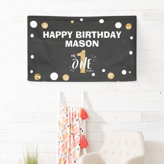 Mr Onederful Verjaardagsbanner Jongen Zwart Goud Spandoek (Insitu)