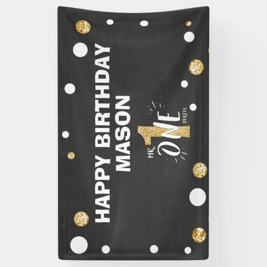 Mr Onederful Verjaardagsbanner Jongen Zwart Goud Spandoek (Verticaal)