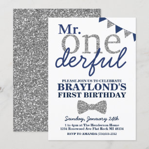 Mr Onederful Verjaardagsuitnodiging, Blauw & Zilve Kaart