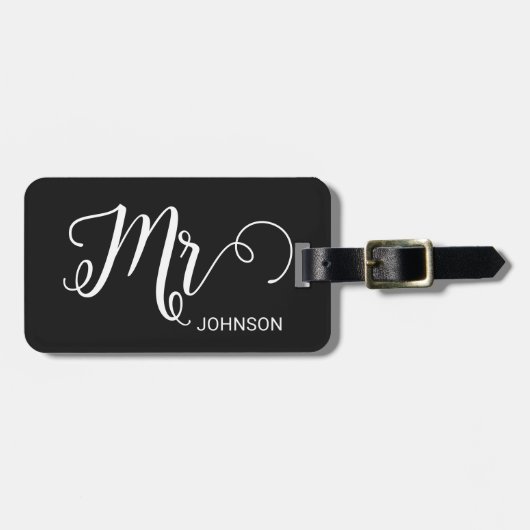 Mr Personalized Elegant Script Groom Name Black Bagagelabel (Voorkant horizontaal)