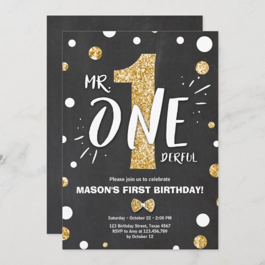 Mr. prachtige verjaardagsuitnodiging Boy Black Gol Kaart (Voorkant / Achterkant)