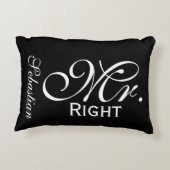 Mr. Rechts scroll tekst zwart-wit gepersonaliseerd Accent Kussen (Achterkant)