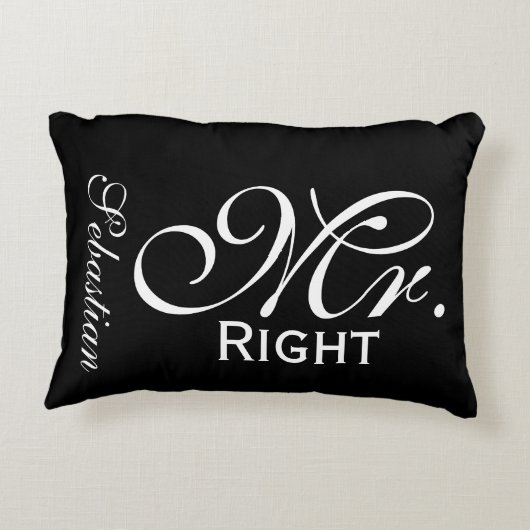 Mr. Rechts scroll tekst zwart-wit gepersonaliseerd Accent Kussen (Achterkant)