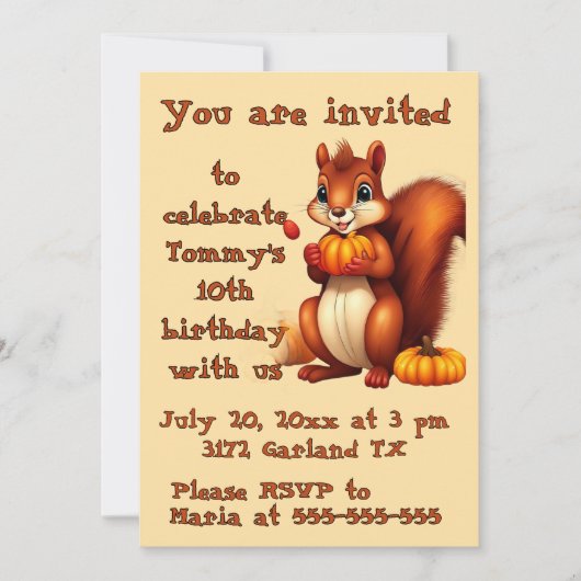 Mr. Squirrel Fall Birthday Party Invitation Kaart (Voorkant)