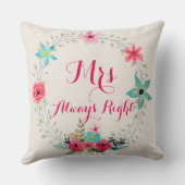 Mrs. Altijd Juist Blauw Koraal Roze Floral Wreath Kussen (Achterkant)